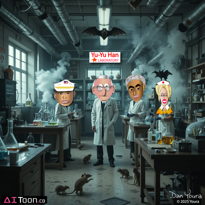 Cartoon scientists in a smoky lab with a “Yu-Yu Han University” sign and cat on the floor.
