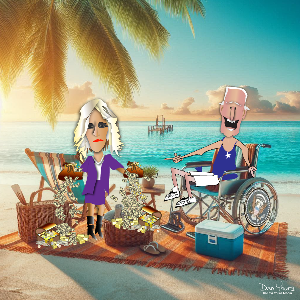 Cartoon beach picnic with two people, palm trees, ocean, umbrellas, and a cooler beside a wheelchair