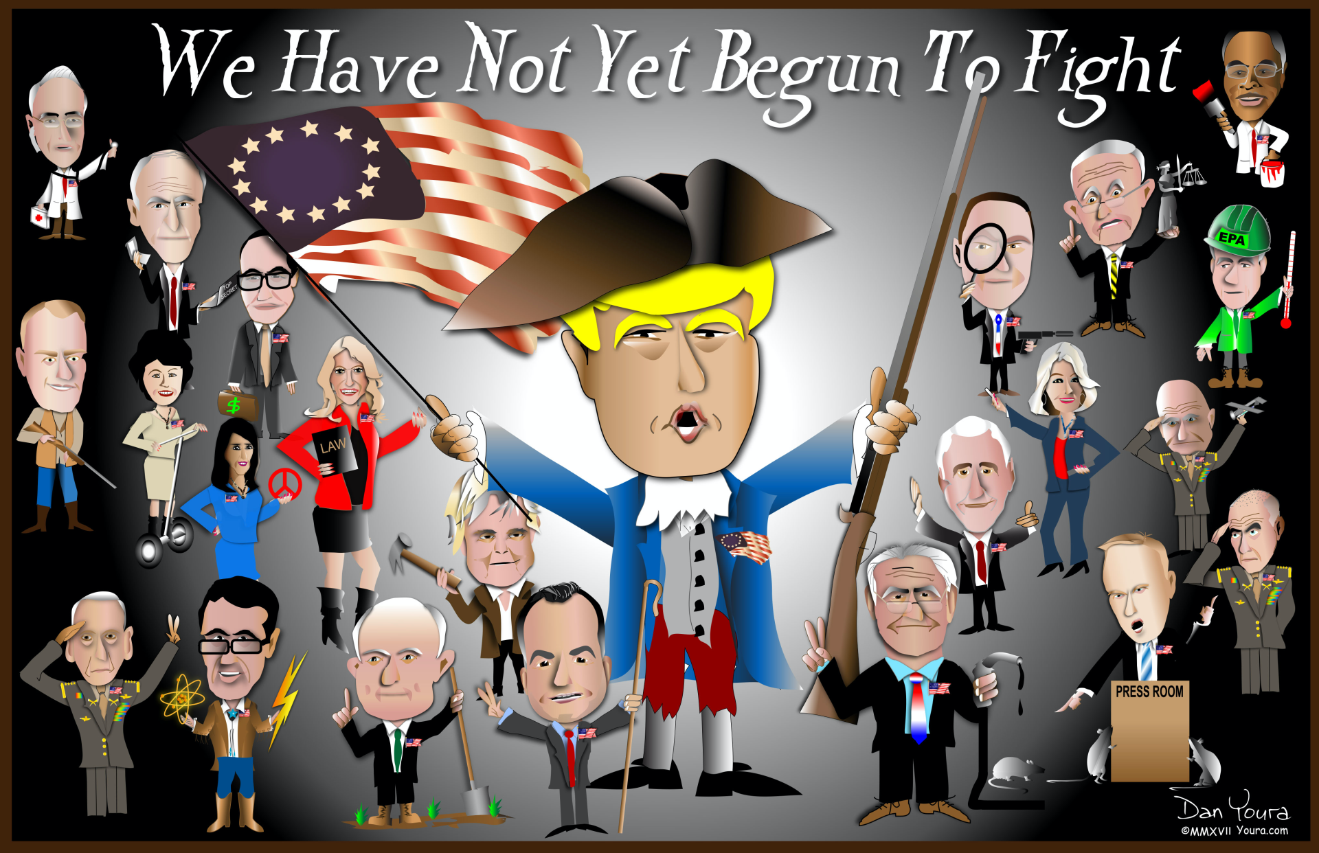Political cartoon of a blond man speaking amid many public figures, with a U.S. flag and the words “We Have Not Yet Begun To Fight!”