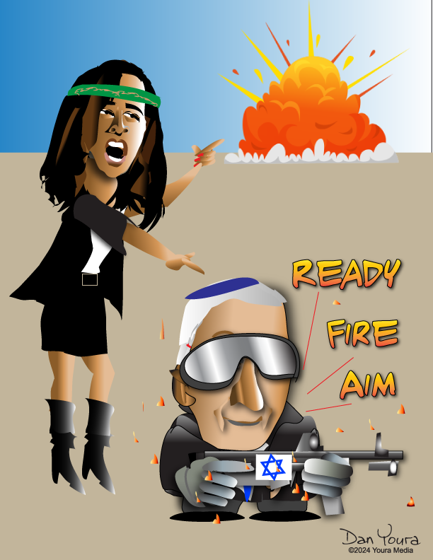 Cartoon of an armed soldier with a Star of David, crouching under “READY FIRE AIM” beside an explosion and a shouting woman