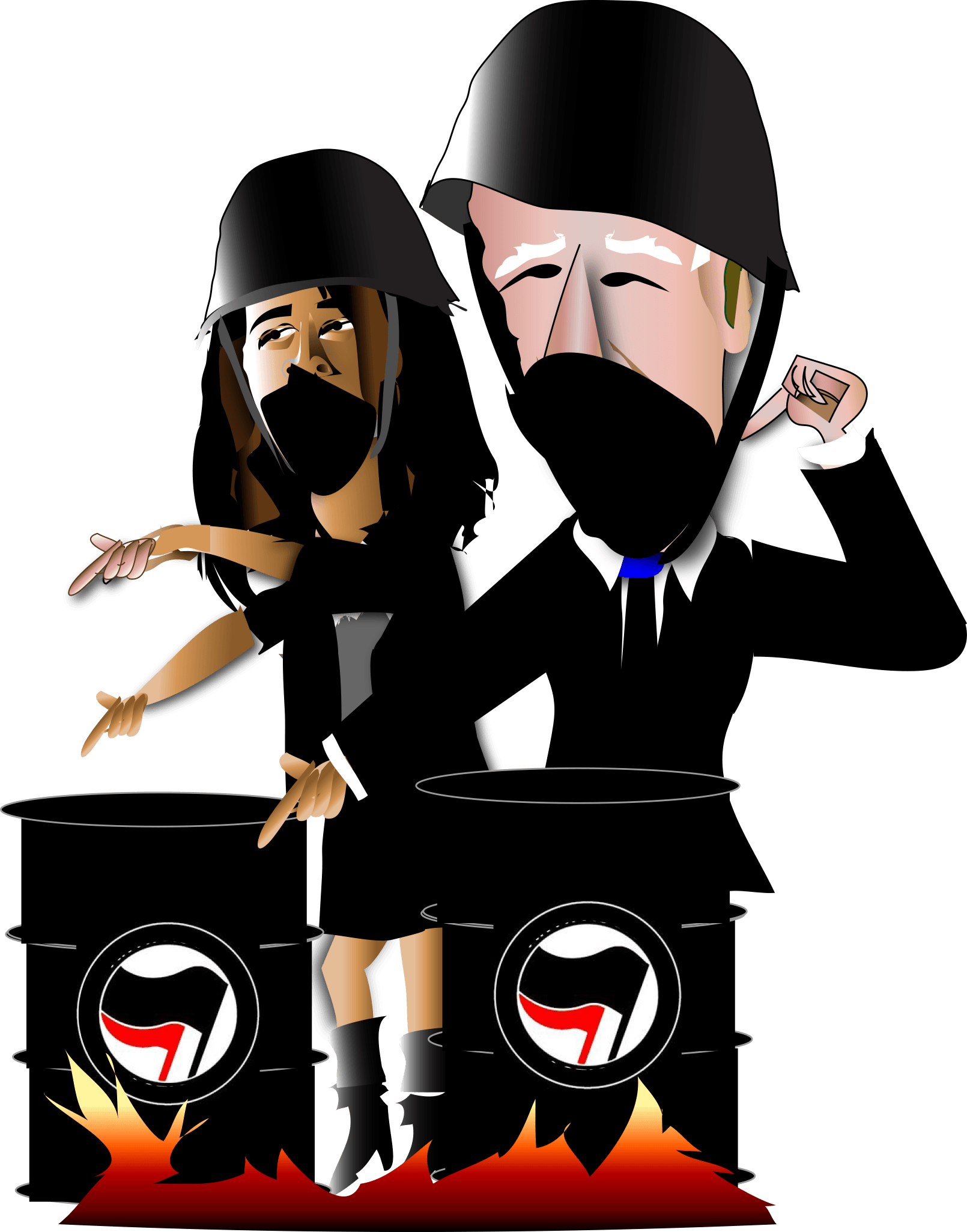 Two masked figures in black outfits stand behind burning barrels with red-and-black symbols.