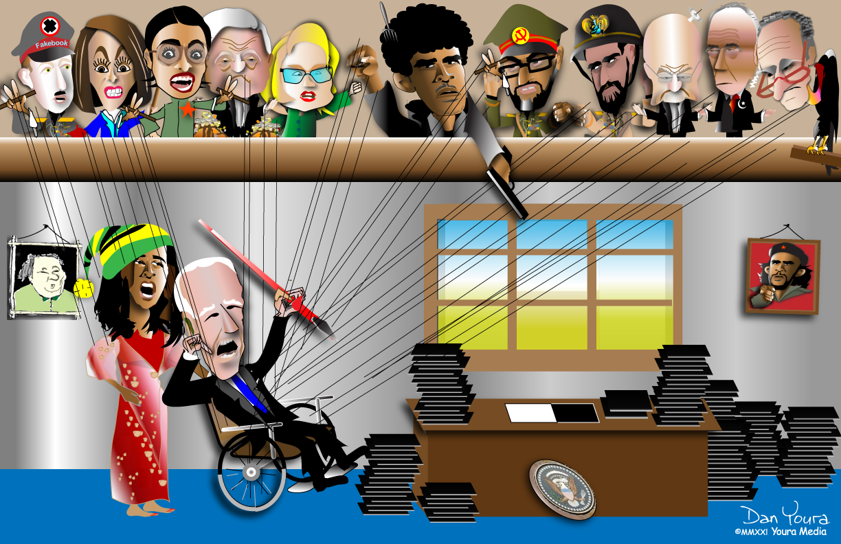 Cartoon of a crowded office with caricature portraits on the wall, a woman in red, and an elderly man in a wheelchair by a desk