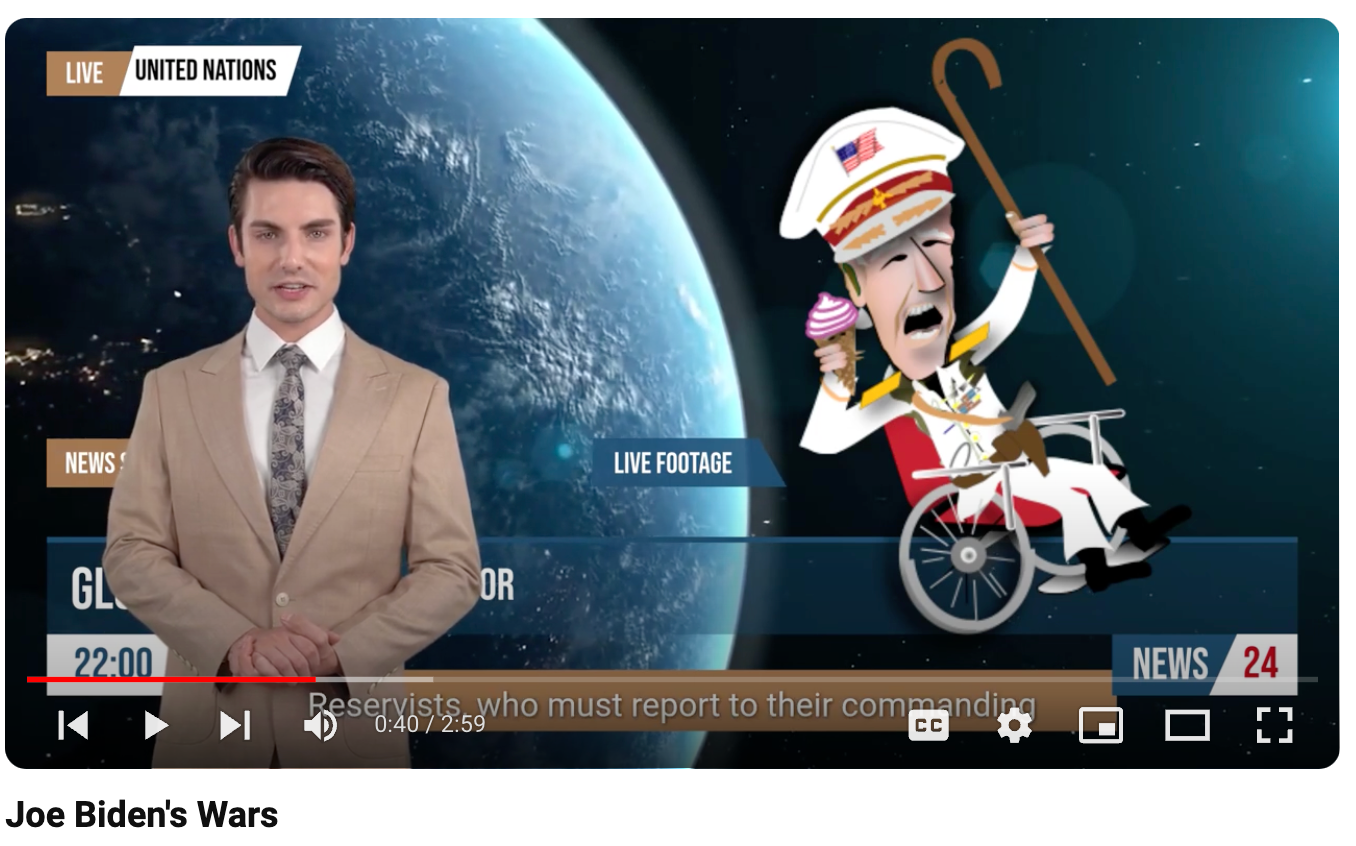 News broadcast screenshot with a host beside a cartoon of Joe Biden riding a bicycle on the moon.