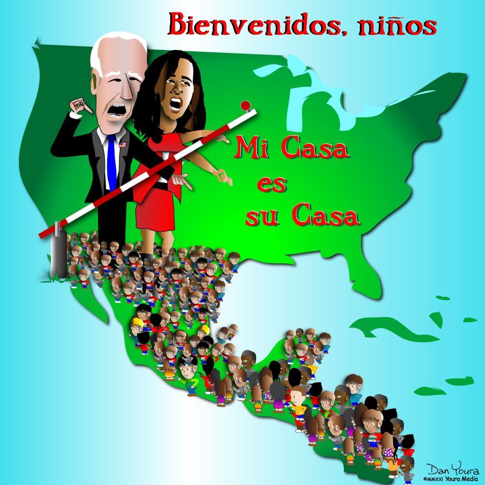 Green map of Mexico with people, a red-and-white striped barrier, and Spanish text reading “Bienvenidos, niños” and “Mi Casa es su Casa”