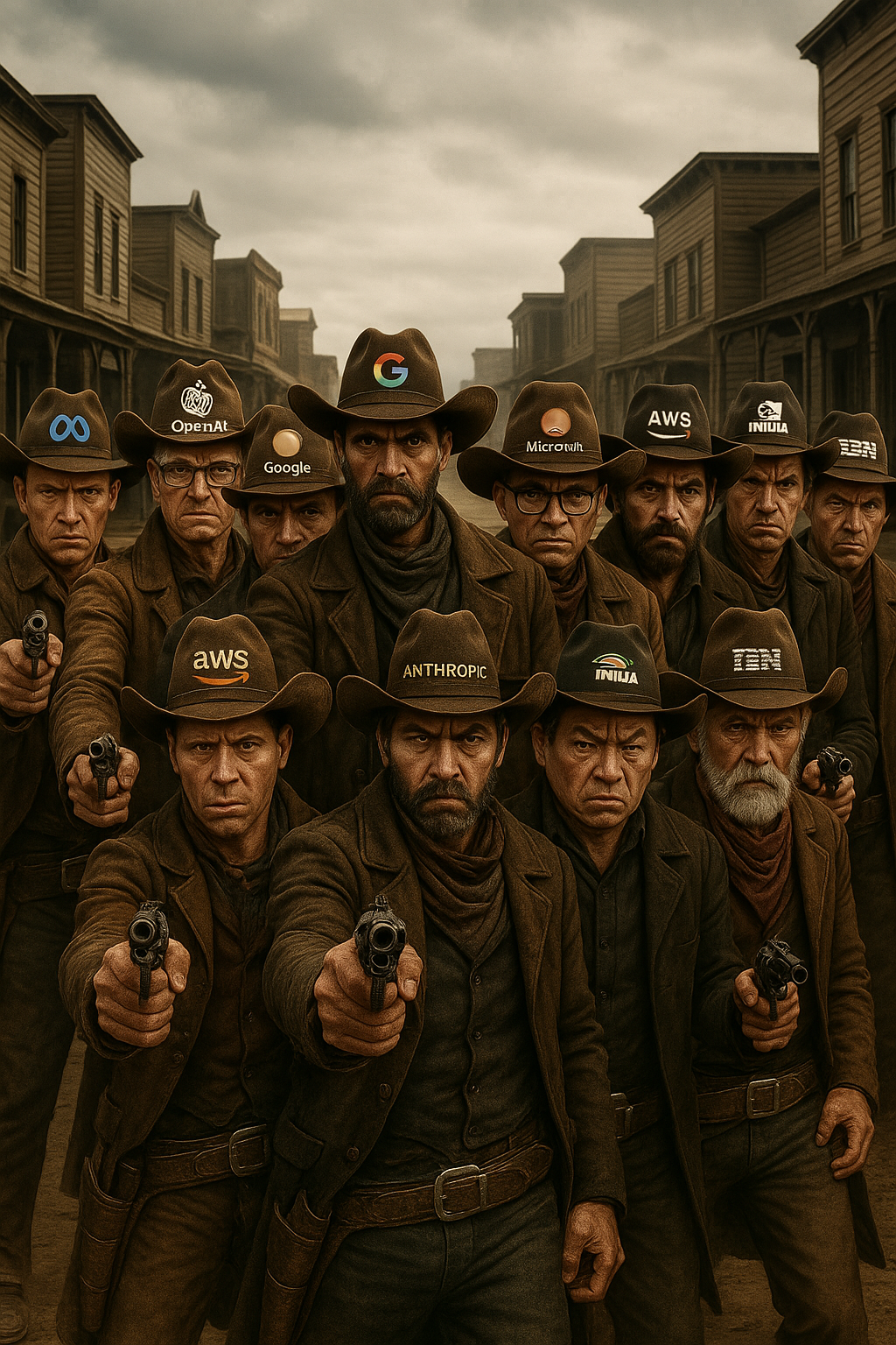 Group of miners in muddy uniforms and helmets stand in a street, holding tools under a cloudy sky.