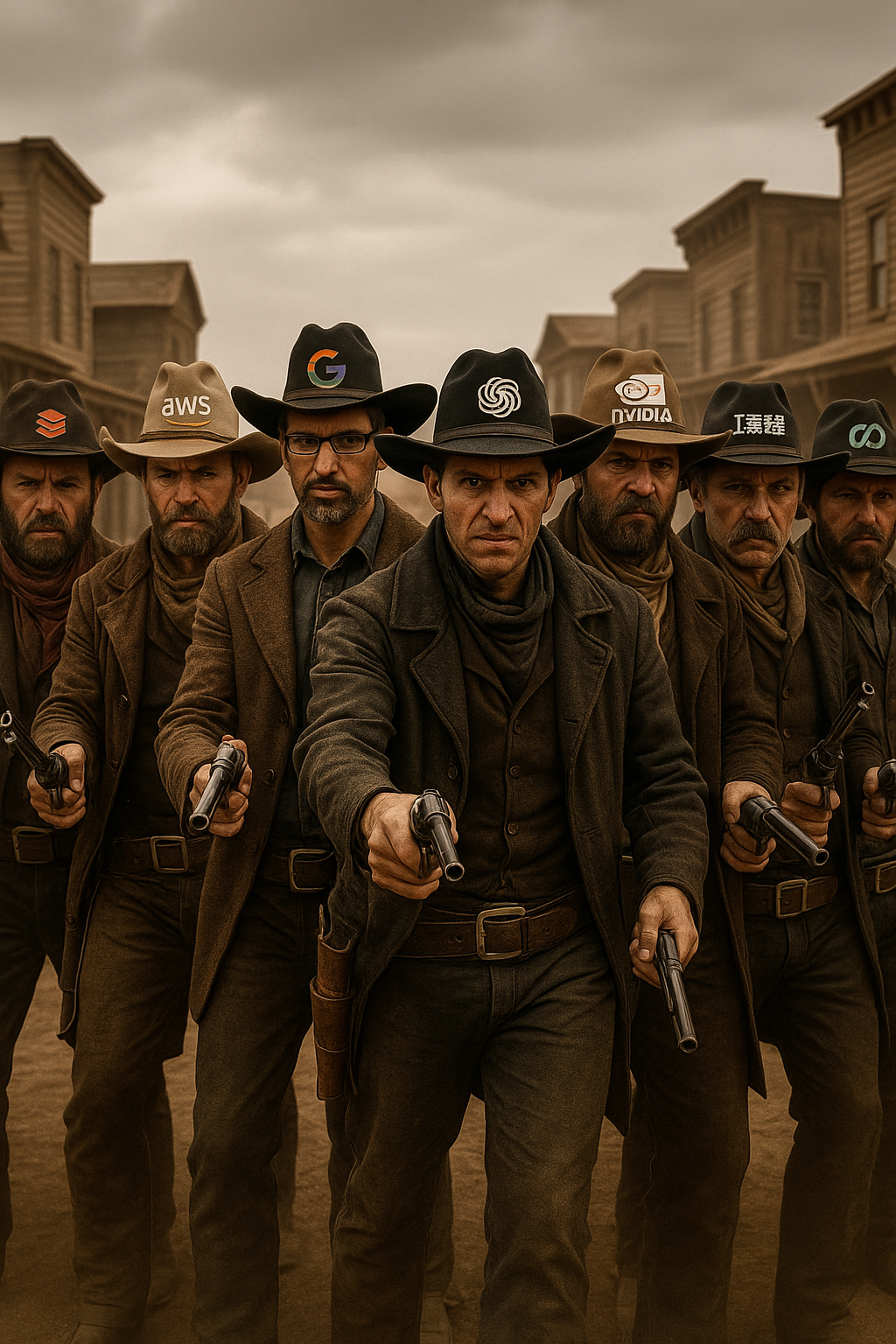Dusty uniformed miners march toward the camera in a sepia-toned old western street.