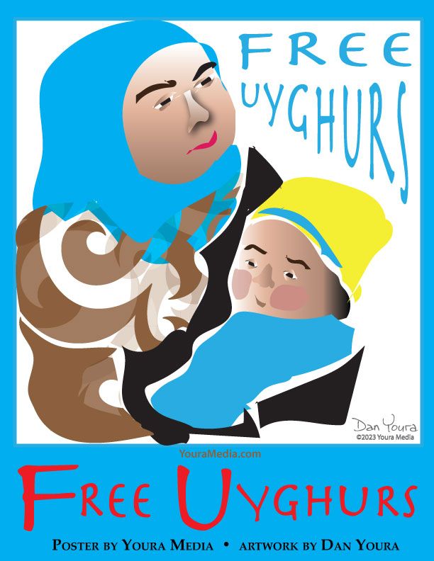 Protest poster with illustrated figures and large text reading “Free Uyghurs” and “Free Uyghurs”