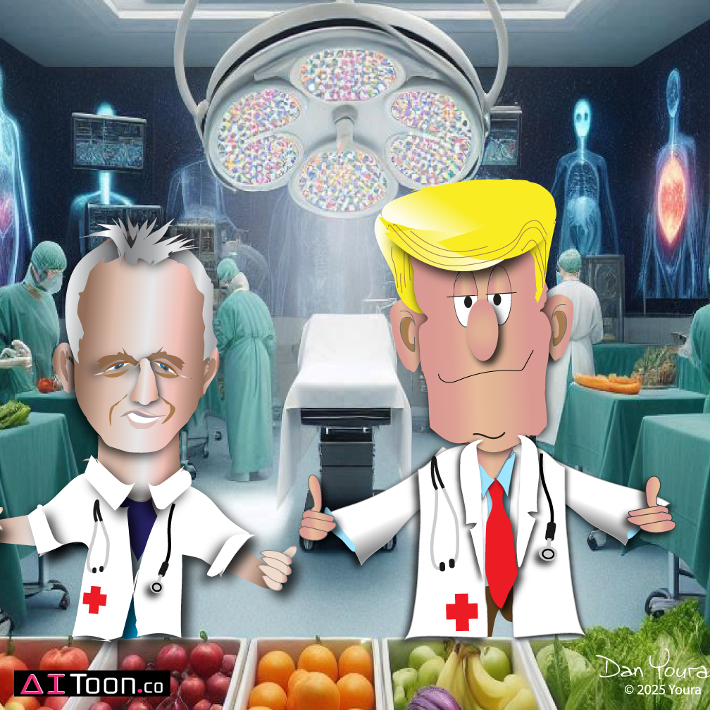 Cartoon doctors in a hospital operating room, giving thumbs up with surgical tools and medical staff in the background