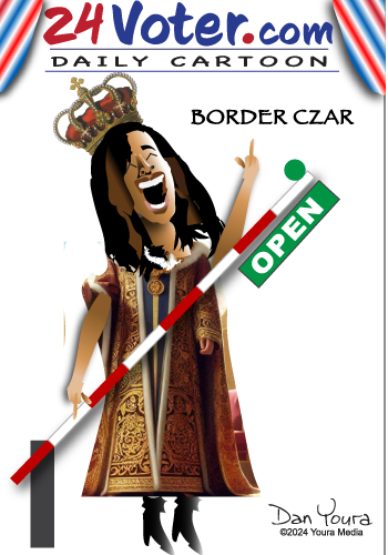 Cartoon of a border czar holding an “OPEN” barrier arm, with 24voter.com Daily Cartoon branding.