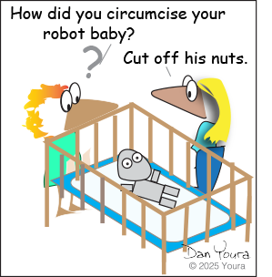 Cartoon of two adults standing over a baby robot in a crib, with a crude joke in speech bubbles.