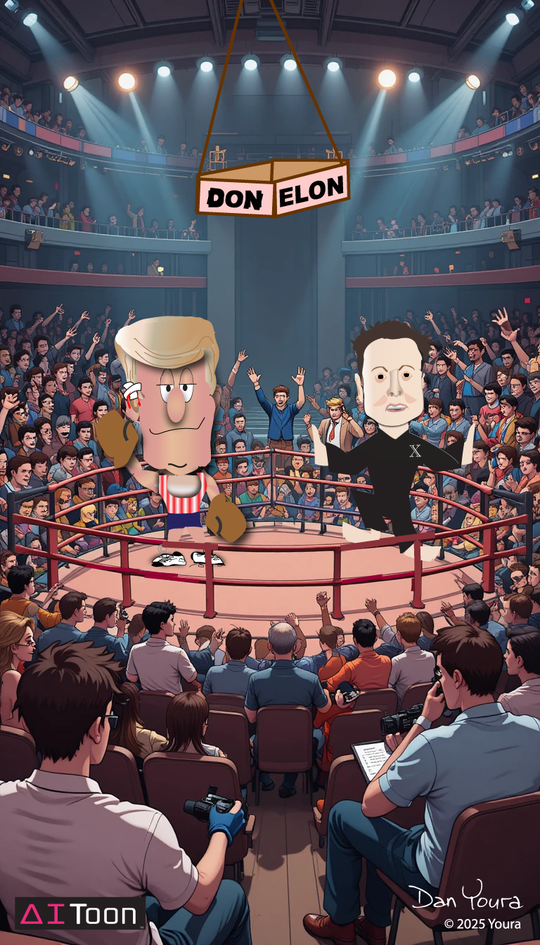 Cartoon boxing ring matchup labeled “DON” and “ELON,” with crowd in a packed arena.