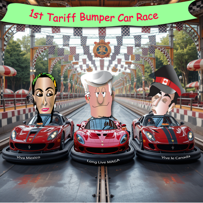 Three caricature drivers in red bumper cars on a track under a “1st Tariff Bumper Car Race” banner