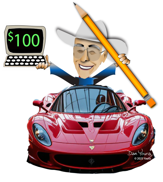Cartoon man holding a pencil and $100 sign above a red sports car