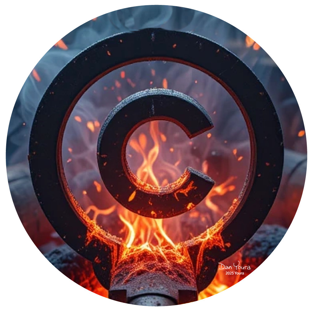 Fiery metal “C” emblem glowing orange against a dark circular ring backdrop