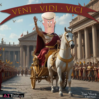 Roman victor in chariot on parade street, gold “VENI VIDI VICI” banner overhead, crowds lining the road