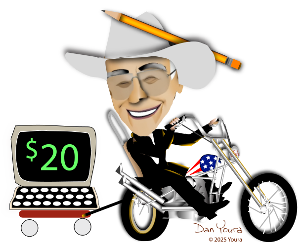 Cartoon man on a tricycle with a $20 laptop cart, smiling and wearing a hat with a pencil on top