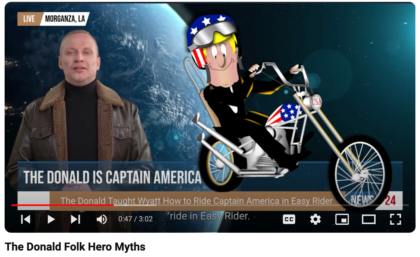 Man beside a motorcycle graphic with a cartoon Uncle Sam Trump; headline reads “THE DONALD IS CAPTAIN AMERICA.”