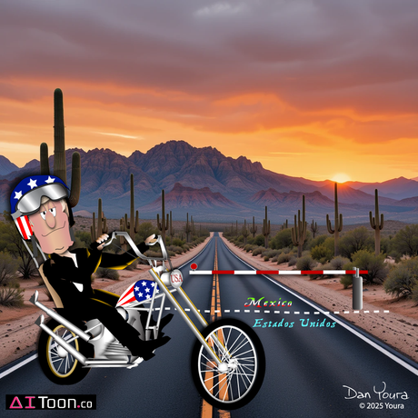 Cartoon rider on a motorcycle in a desert at sunset, with cacti and mountains in the background.