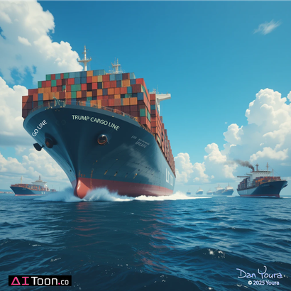 Container ship at sea with stacked colorful cargo containers and smaller support boats nearby under a blue sky