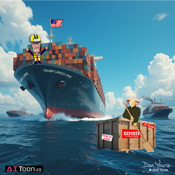 Cartoon cargo ship at sea with a worker on deck and a man beside stacked crates in the foreground.