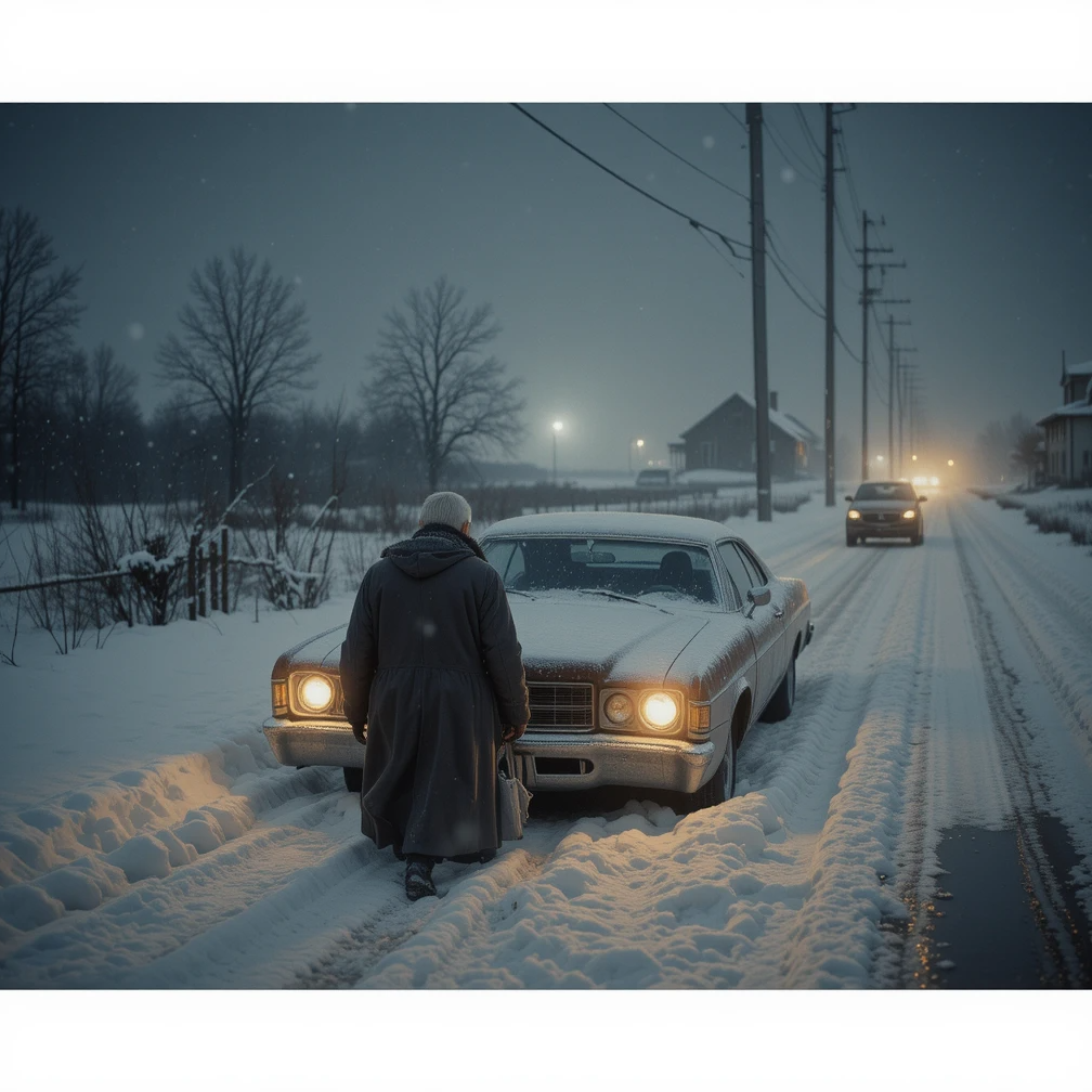 Person stands by a snow-covered car on a snowy rural road at dusk, headlights on.