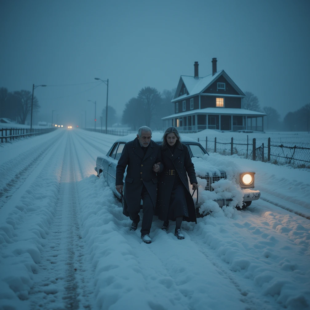 Two people walk through deep snow beside a car on a snowy road at dusk near a lit house.