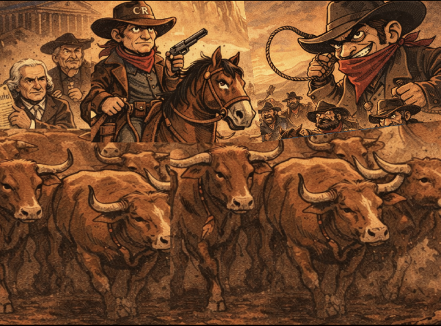 Cowboys driving a herd of cattle through a dusty Western scene with horses and a sheriff-like rider.