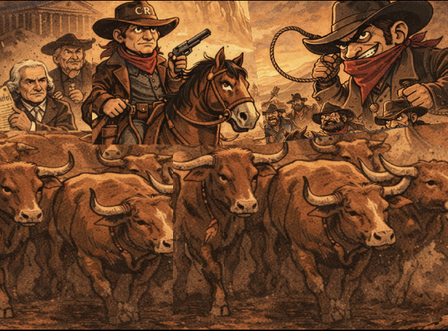 Cowboys driving a herd of cattle through a dusty Western scene with horses and a sheriff-like rider.