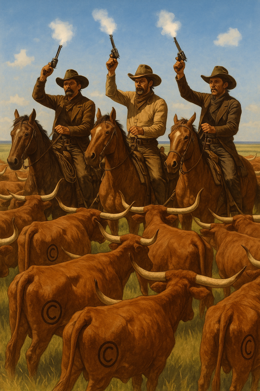 Cowboys on horseback raising pistols over a herd of longhorn cattle in a dusty field