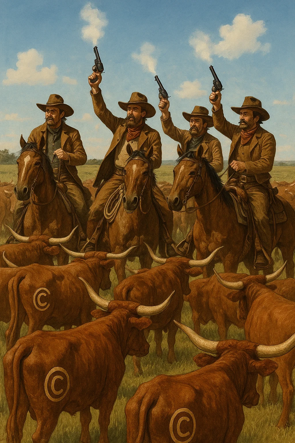 Cowboys on horseback raising rifles amid a herd of longhorn cattle in a dusty western plain