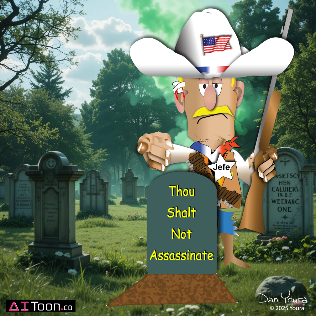 Cartoon cowboy beside a tombstone reading “Thou Shalt Not Assassinate” in a graveyard.