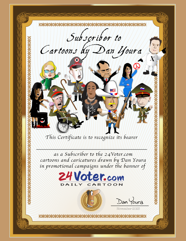 Certificate for Cartoonist of the Year with illustrated figures and gold border, from 24Voter Daily Cartoon