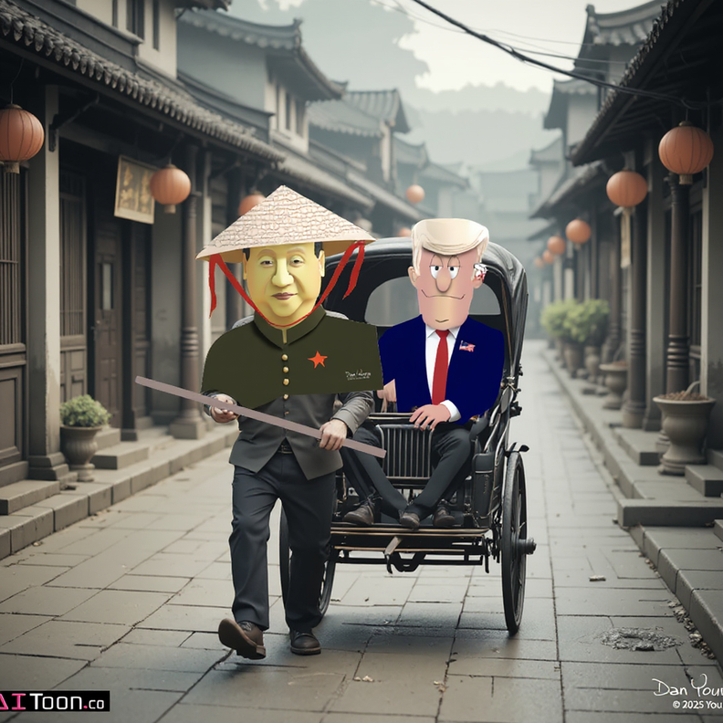 Two caricatured politicians ride a rickshaw down a lantern-lined old street.