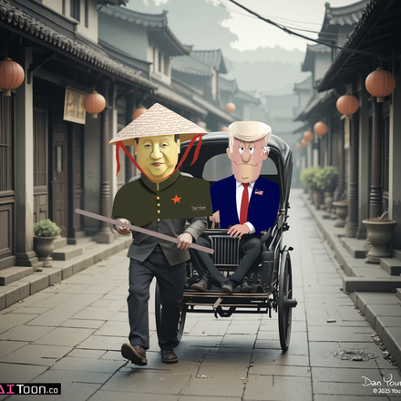 Two caricatured politicians ride a rickshaw down a lantern-lined old street.