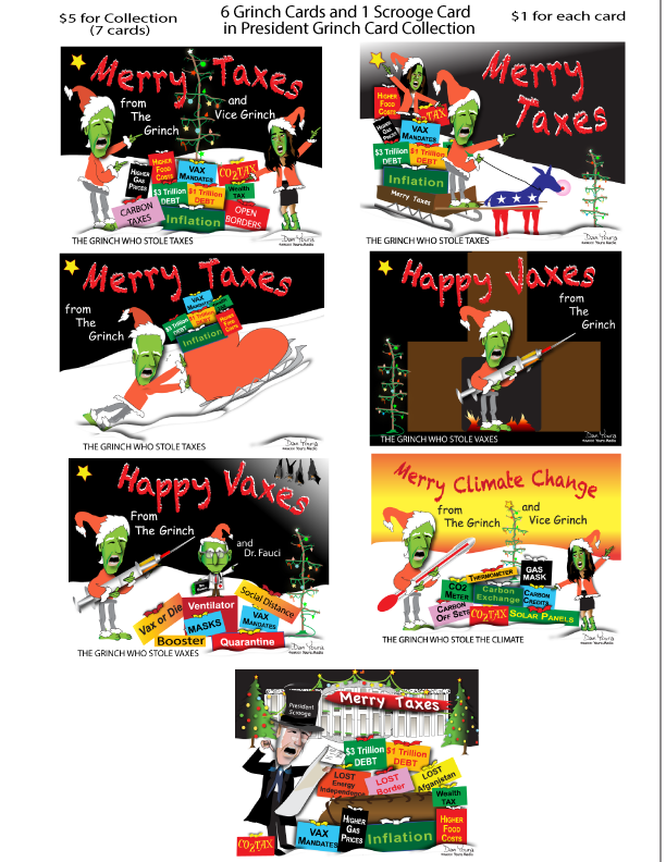Collage of colorful holiday greeting cards with festive cartoon scenes and “Merry Taxes” text.