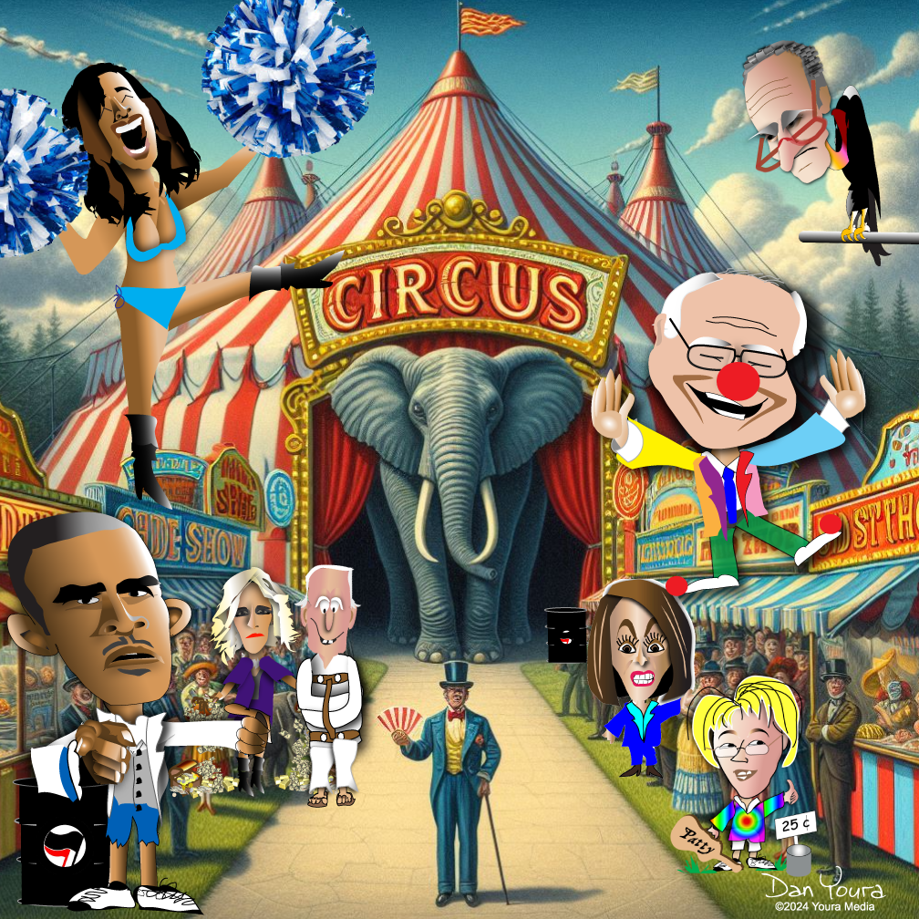 Clown-filled circus poster with an elephant under a red-striped tent and colorful caricatures around it