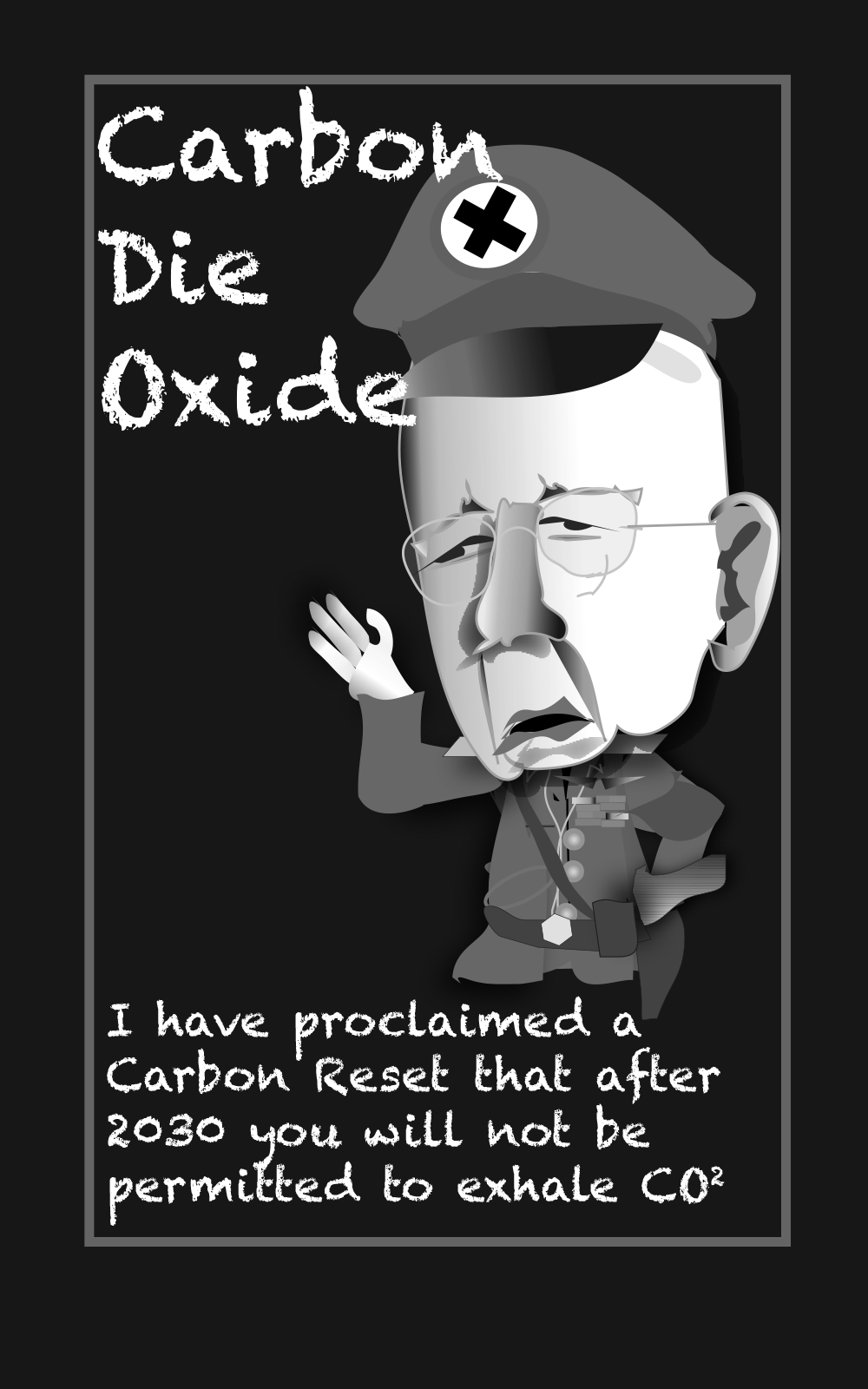 Cartoon of a solemn doctor with a cap labeled “Carbon Die Oxide” and text about limiting CO₂ emissions after 2030.