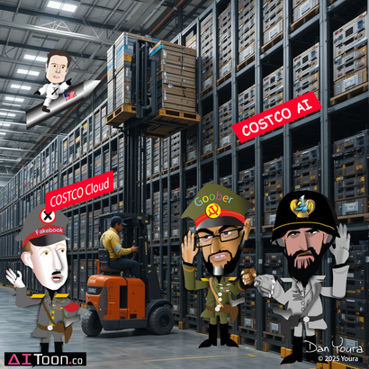 Warehouse workers, forklifts, and cartoon figures beneath “COSTCO AI” and “COSTCO CLOUD” signs.