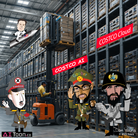 Warehouse with forklift and cartoon workers labeled “COSTCO AI” and “COSTCO Cloud” among tall shelving units