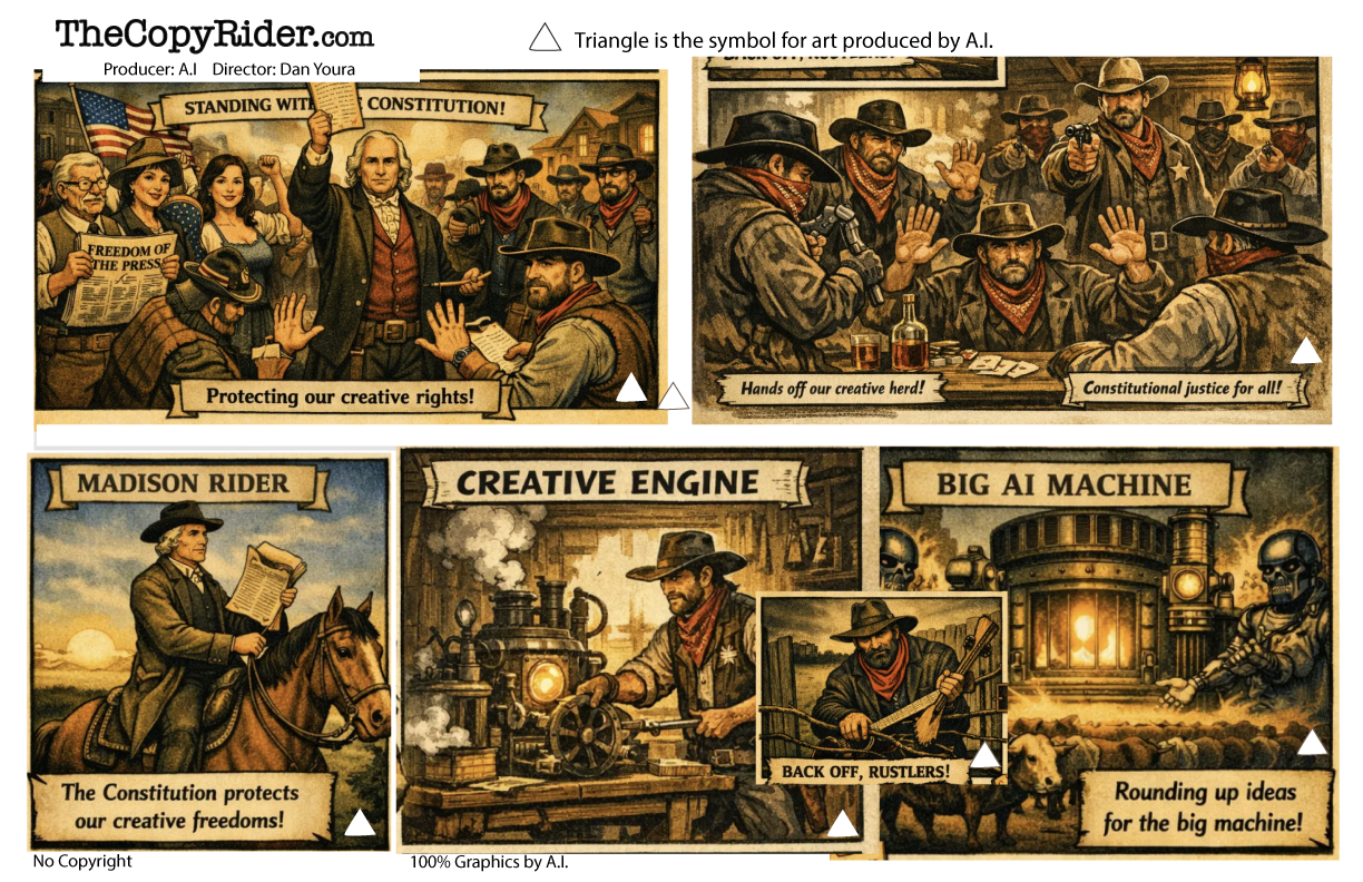 Three-panel comic of a chaotic steampunk factory, with workers, machines, and captions about a “creative engine” and “big AI machine”