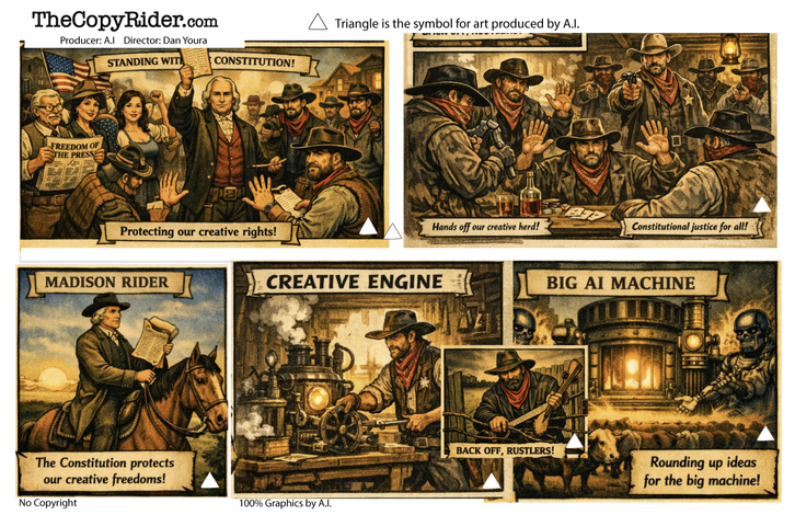Three-panel comic of a chaotic steampunk factory, with workers, machines, and captions about a “creative engine” and “big AI machine”