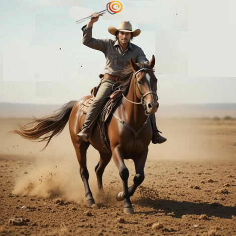 Cowboy riding a horse in a dusty desert, swinging a lasso overhead.