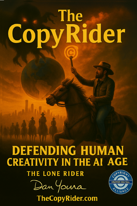 Book cover for The CopyRider, showing a rider on horseback with a glowing torch in an orange, futuristic landscape.
