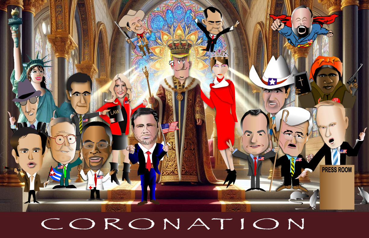 Crowned collage of cartoon characters posing in a throne room with “CORONATION” text below