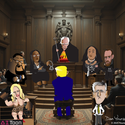 Cartoon courtroom scene with a judge at the bench and several cartoon figures seated around the room.
