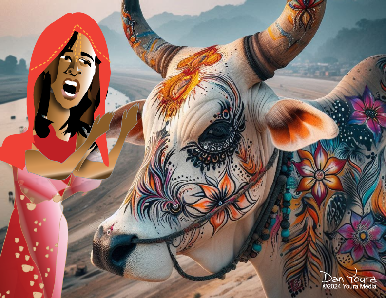 Colorful painted cow with floral face art beside a laughing woman in a red headscarf, desert mountains behind.