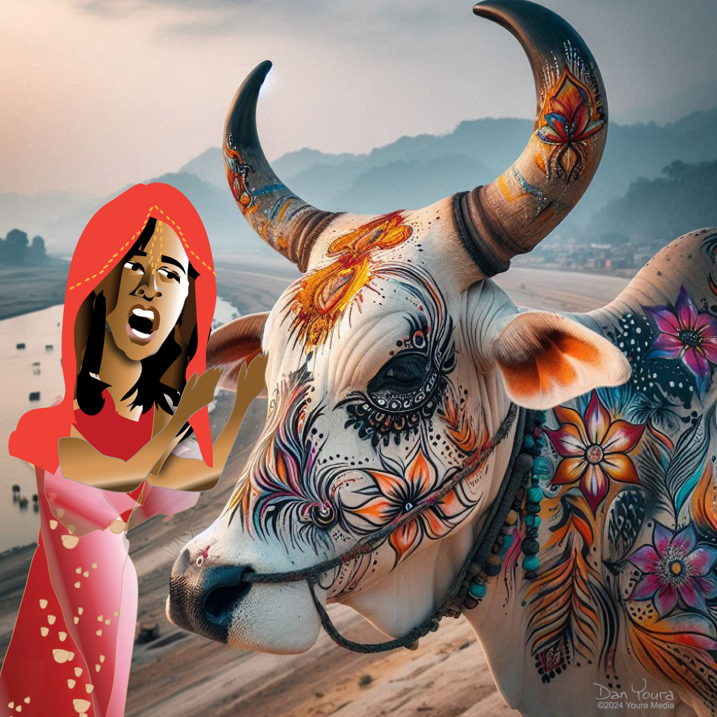 Artistic cow with floral patterns beside a woman in a red dress, against a hazy mountain backdrop