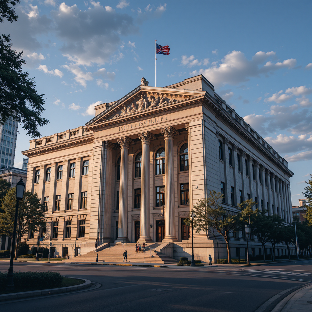 Historic stone courthouse with columns and a flag flying under a partly cloudy sky