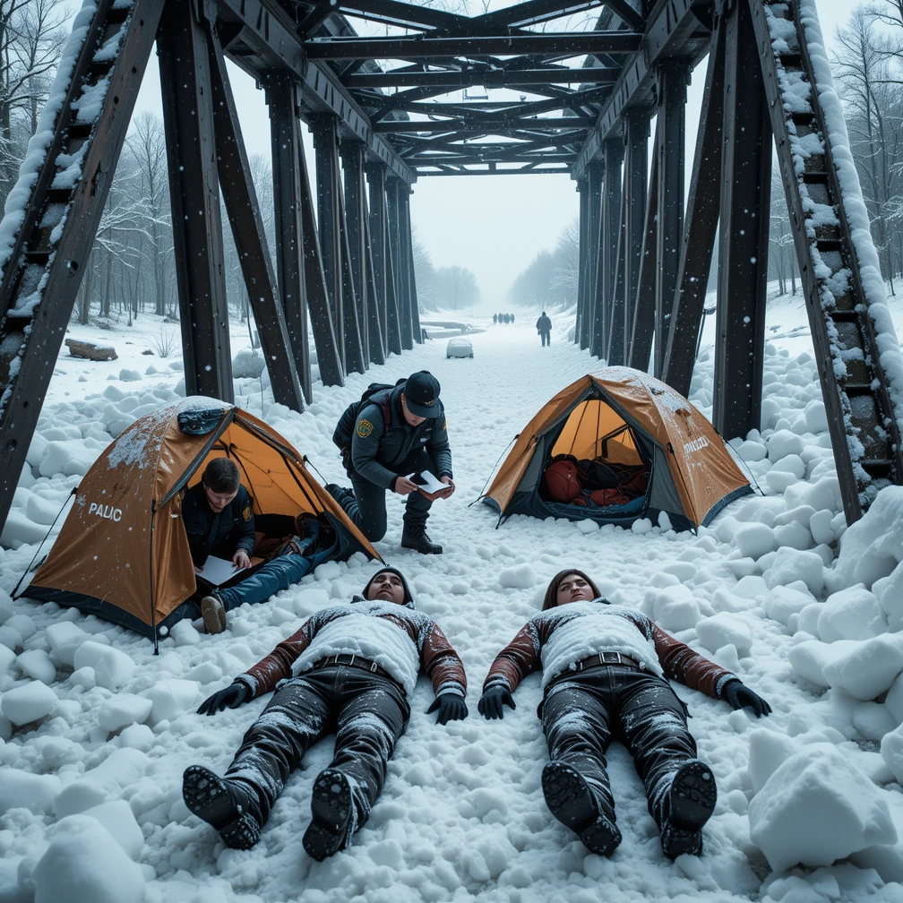 Two campers lie in snow under a steel bridge beside orange tents as one person kneels nearby
