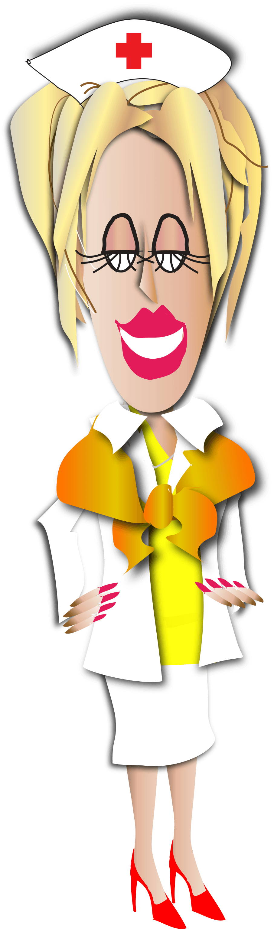 Cartoon nurse in white uniform and cap with red cross, blond hair, glasses, and bright red lipstick.